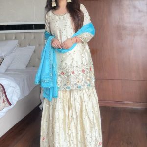 White Chinon Kurti Sharara Dupatta - HRT4569 | White