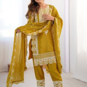 Mustard Yellow Chinnon Top Bottom Dupatta - HRT4471 | Mustard Yellow