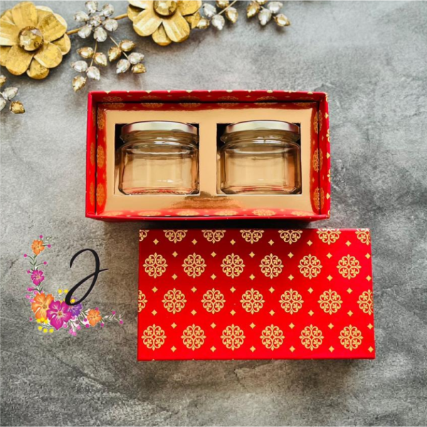 Jar box with festive foiling print.